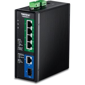 TRENDnet TI-BG50611 6-Port Ethernet Switch, 4 2.5G PoE++ ports, 1 10G RJ-45 port, 1 10G SFP+ slot, 60 Gbps switching capacity, DIN-rail/wall mount